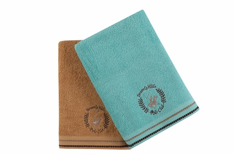 Set 2 prosoape de baie 408,  Beverly Hills Polo Club, 70x140 cm, bumbac, caramel/petrol/albastru