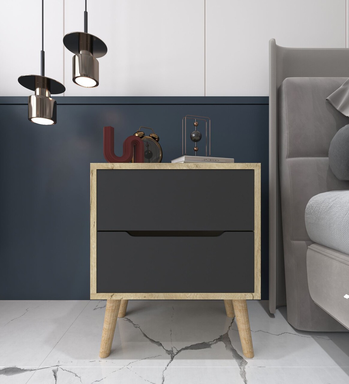 Noptiera Hanah Home Flora 50x60x44 cm PAL Stejar safir / Antracit