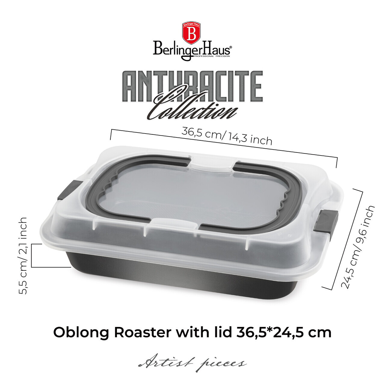 Tava cu capac Berlinger Haus, Anthracite, 36.5x24.5x5.5 cm, otel carbon/plastic, antracit mat - imagine 14