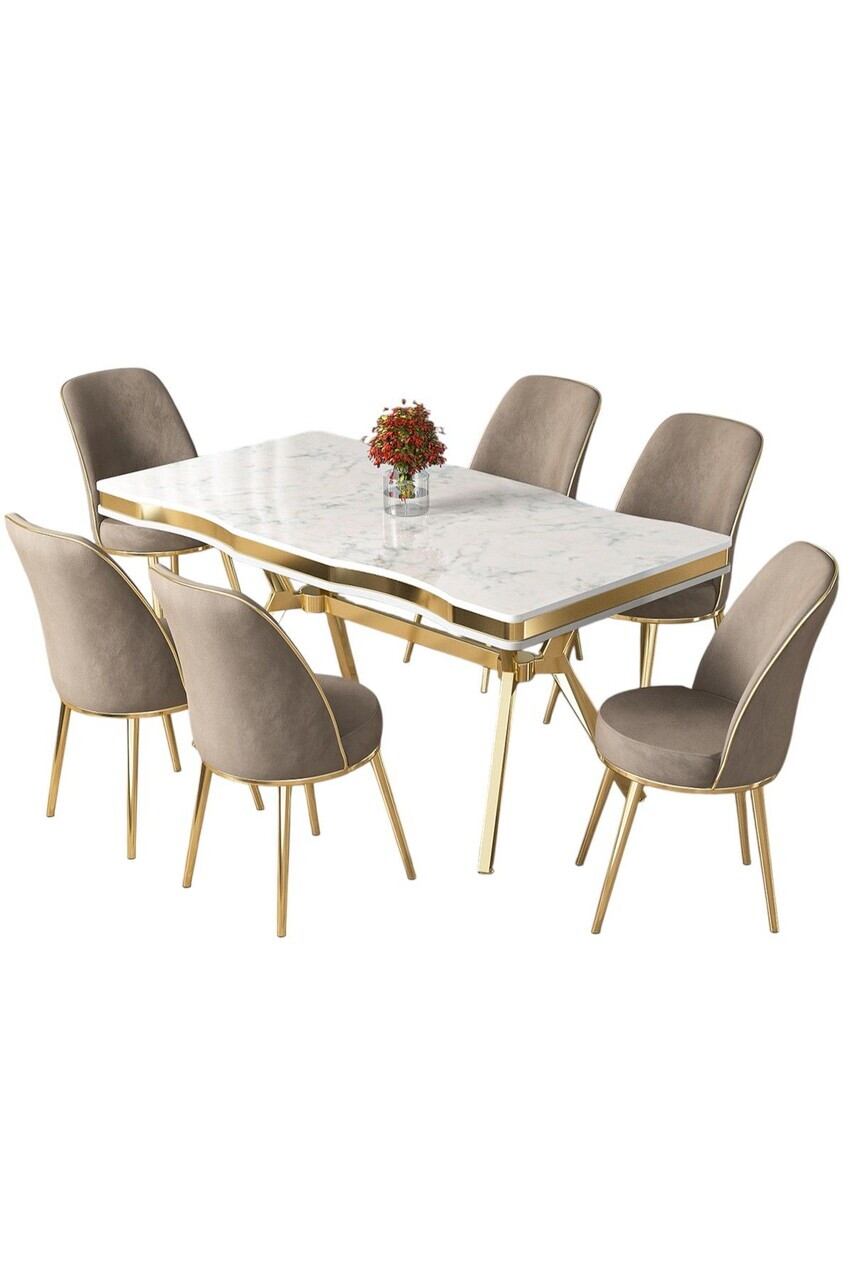 Set masa si scaune (7 piese), Hanah Home, Prah, Model de marmură albă / Auriu / Cappuccino — imaginea 2