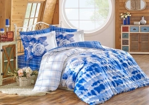 Lenjerie de pat dubla, 6 piese, 240x260 cm, 100% bumbac satinat, Hobby, Nadia Night, alb/albastru