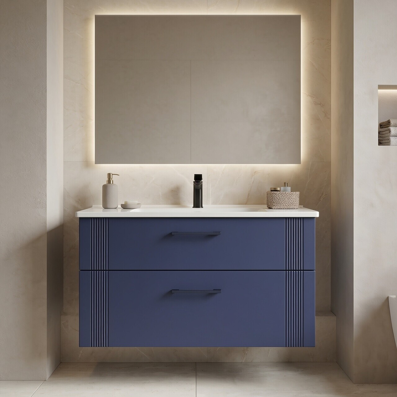 Dulap de baie cu chiuvetă, Hanah Home, Bari 100 v2, Albastru marin mat