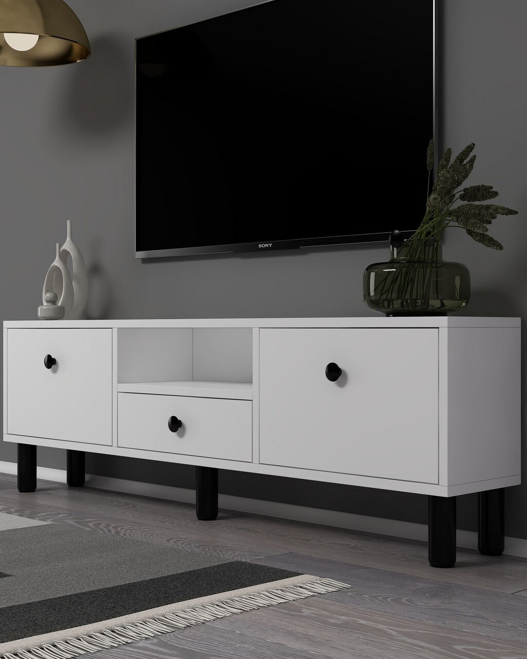 Comoda TV, Hanah Home, 1310-DROP-1, 140x45x30 cm, PAL , Alb/Negru - view 2