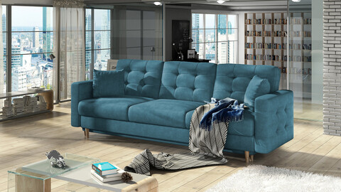 Canapea extensibila 3 locuri ELTAP, Ask05, Asgard, 233x92x93 cm, lemn/poliester, albastru