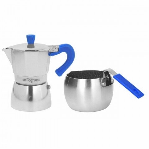 Poza Set cafetiera si fierbator lapte Grancucina, Tognana, aluminiu, argintiu/albastru