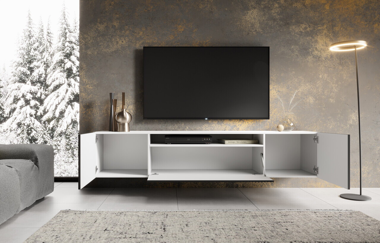 Comoda TV ADRK, Noemi, 200x41x40 cm, PAL melaminat/MDF, negru/alb — imaginea 2