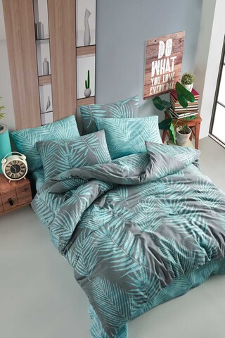 Lenjerie de pat dubla king, 3 piese, 220x240 cm, 100% bumbac ranforce, hcw, palm, menta