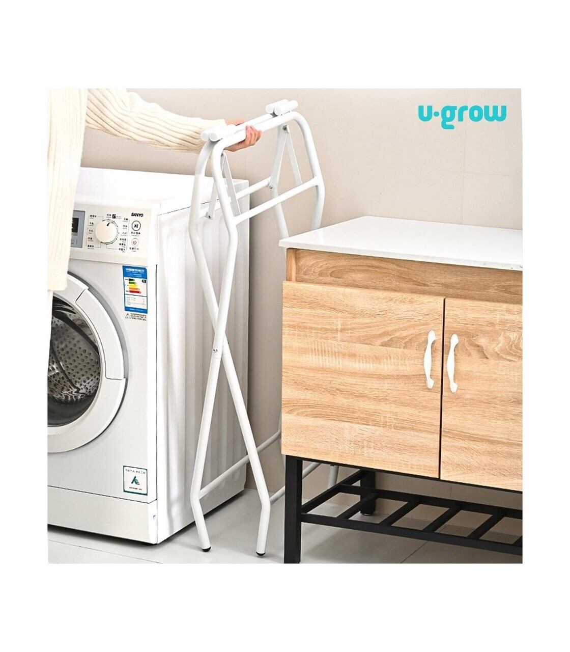 Cadita pliabila cu suport metalic si termometru U-grow, 85x47x21.5 cm, metal, alb/gri - imagine 6