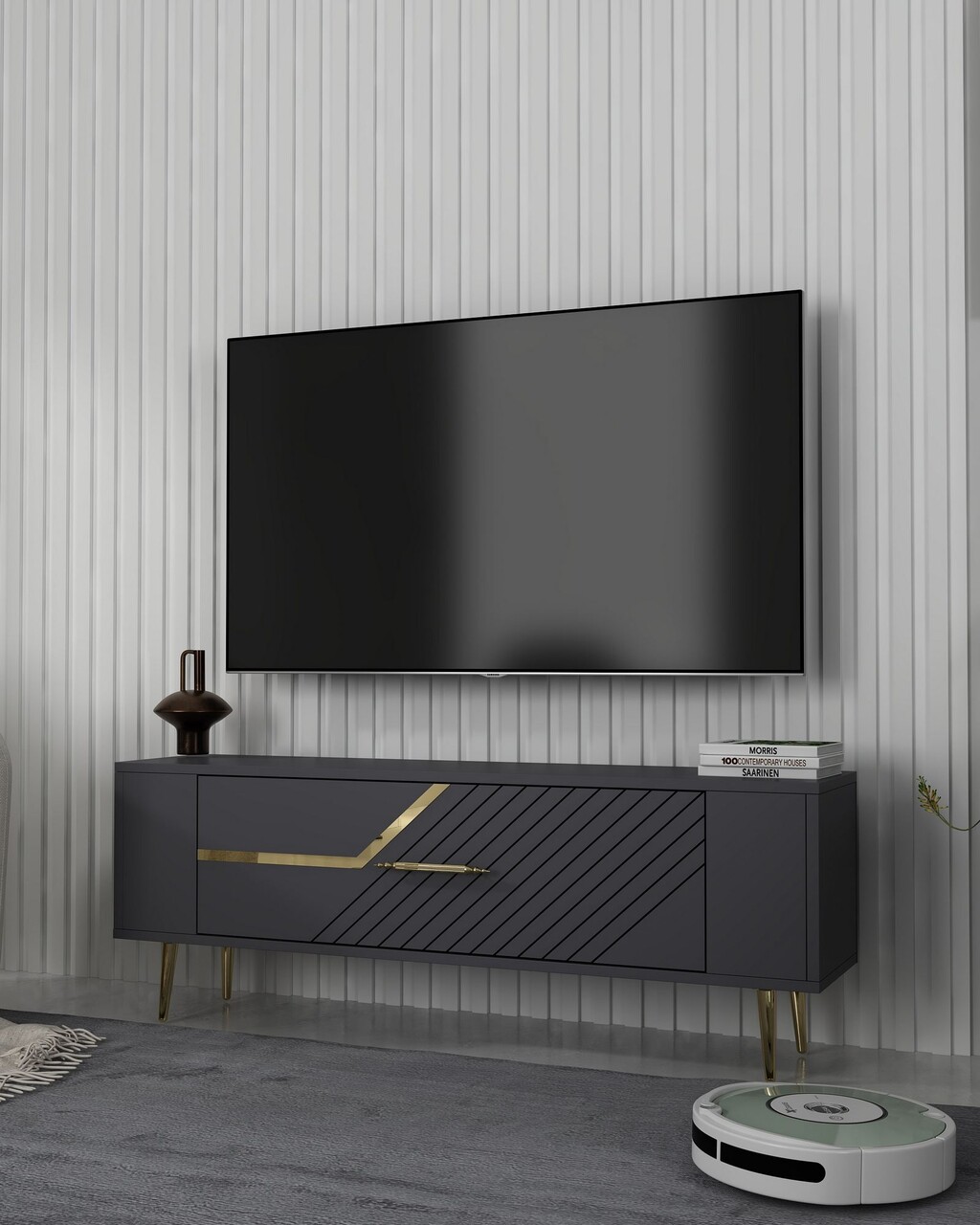 Comoda TV, Olivia, Retrolp5, Antracit / Aur - 1 | YEO