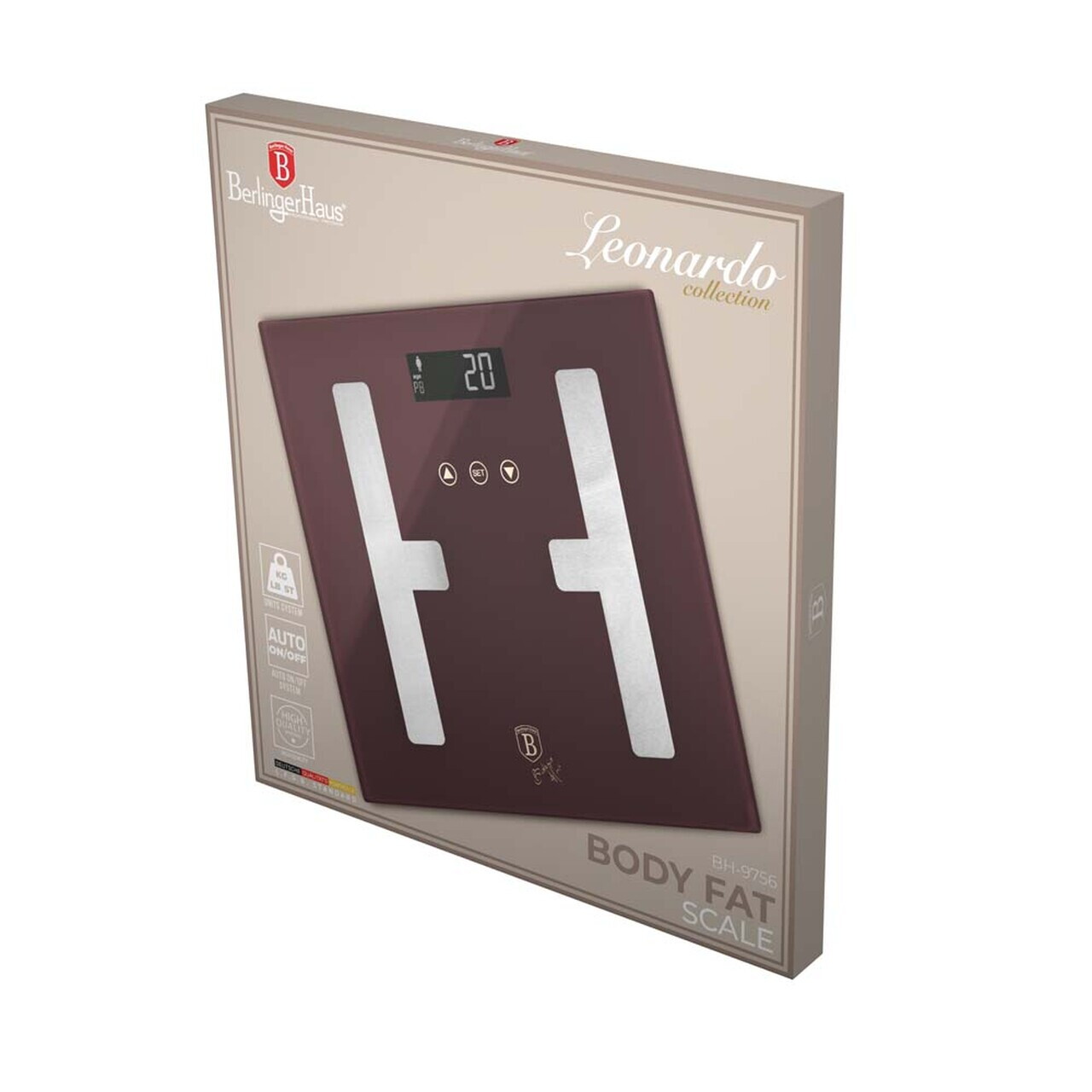 Cantar digital pentru baie Berlinger Haus, Leonardo, 30x30 cm, max 180 kg, sticla temperata, visiniu mat - imagine 3