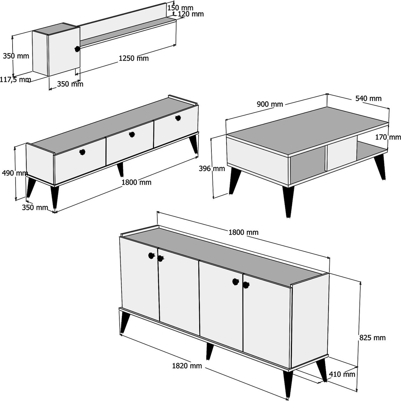 Mobilier Pentru Living Lidya, Almaren, 4 Piese, 180x35x49 Cm, Maro