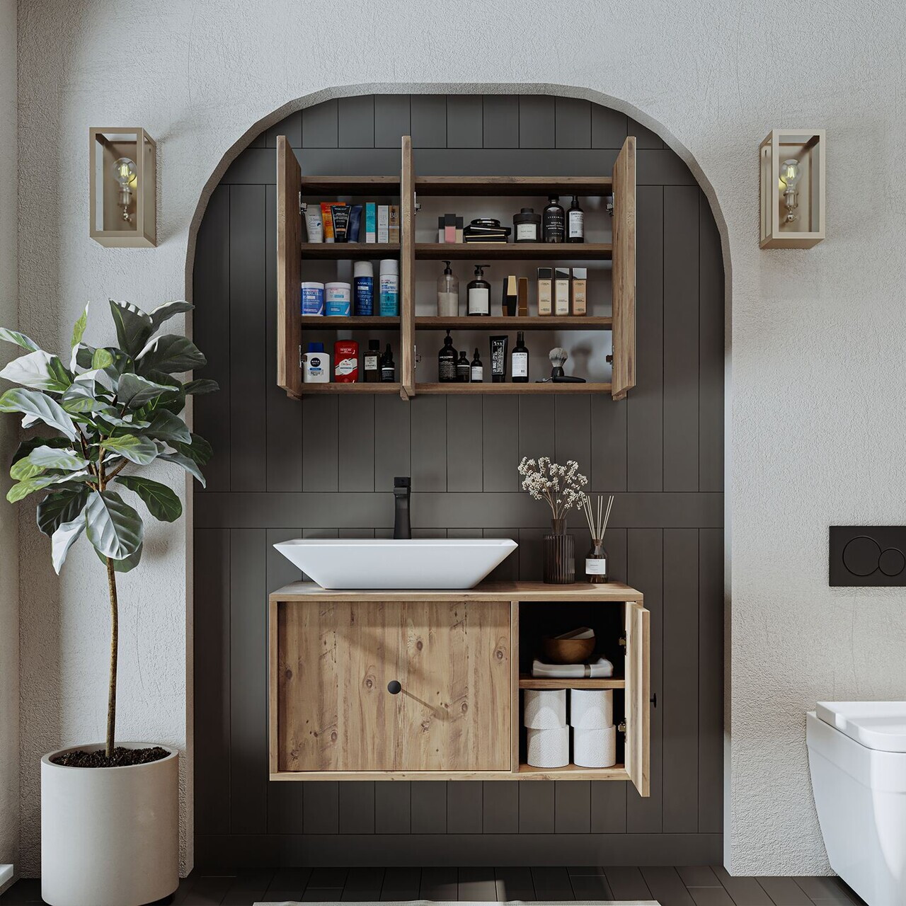 Set Dulap de Baie cu Chiuvetă și Oglindă (2 Piese), Hanah Home, 2554, MDF, Maro — imaginea 4