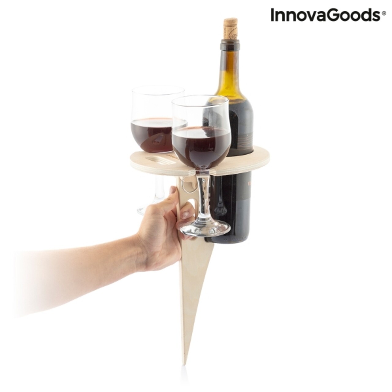 Suport sticla de vin si pahare pentru picnic Winnek InnovaGoods, 20x20x31 cm, lemn