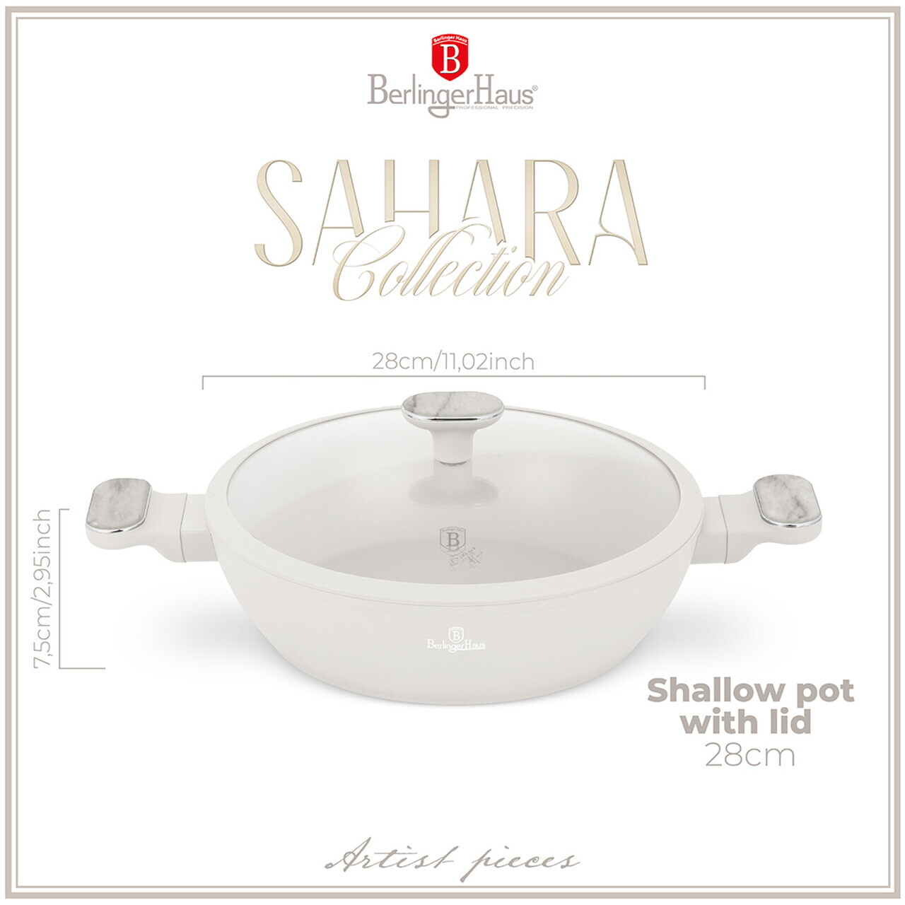 Oala cu capac Berlinger Haus, Sahara Marble, 28 cm, 3.8 L, aluminiu forjat, crem mat/marmura - imagine 4