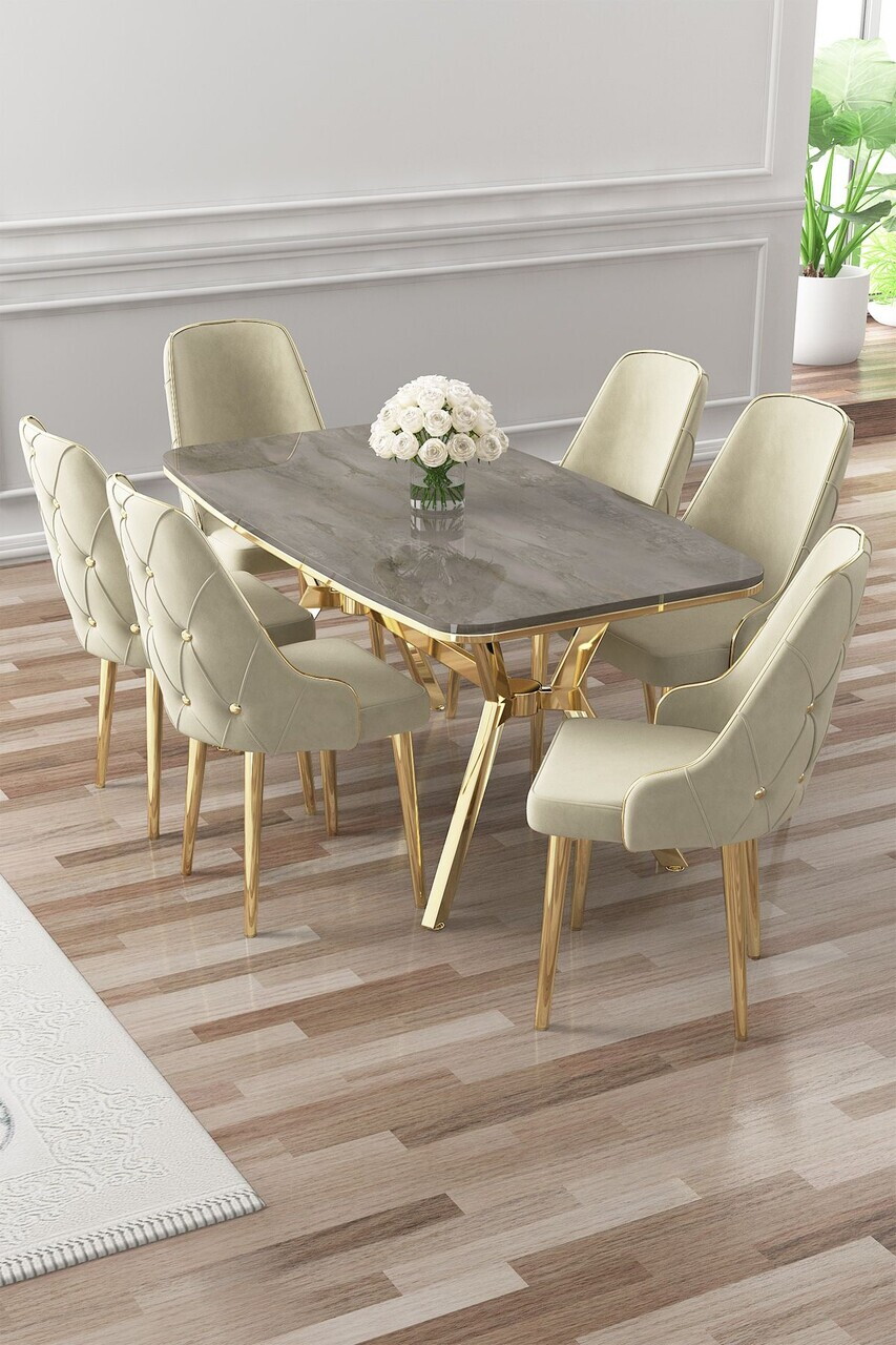 Set masa si scaune (7 piese), Hanah Home, Asel, Antracit / Auriu / Crem