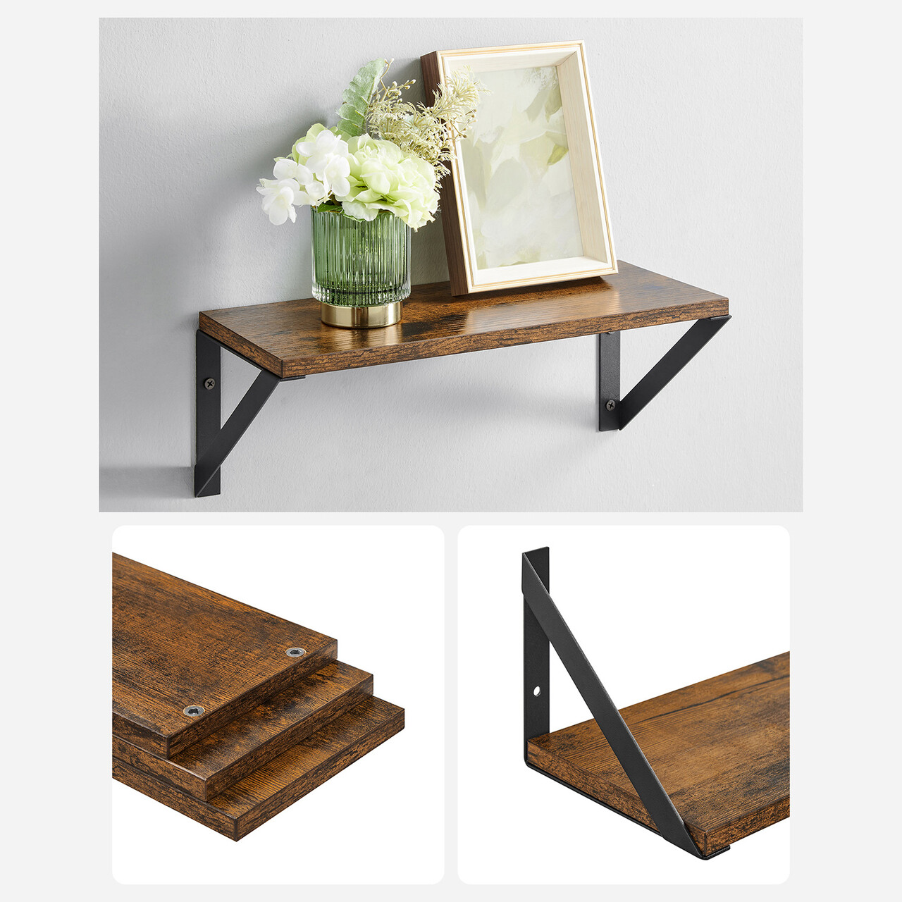 Set 3 rafturi de perete, Vasagle, 30 cm / 35 cm / 40 cm, PAL/otel, maro rustic - imagine 10