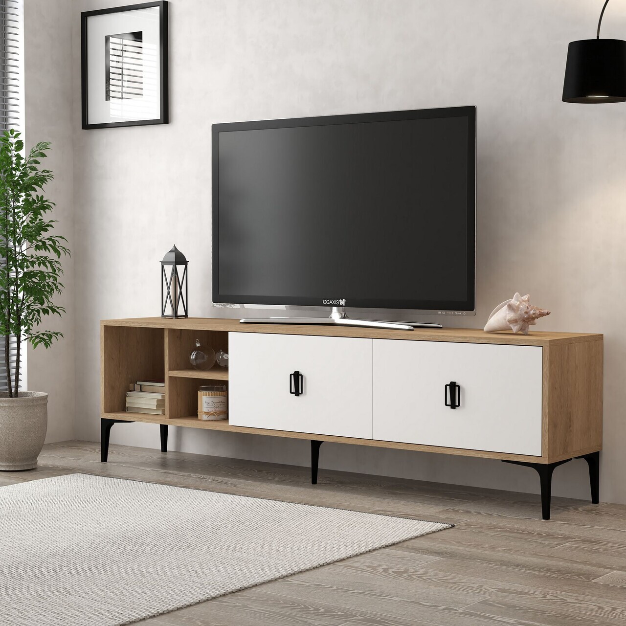 Comoda TV, Hanah Home, Era 3804, 180x50x35 cm, PAL, Stejar Safir / Alb — imaginea 3