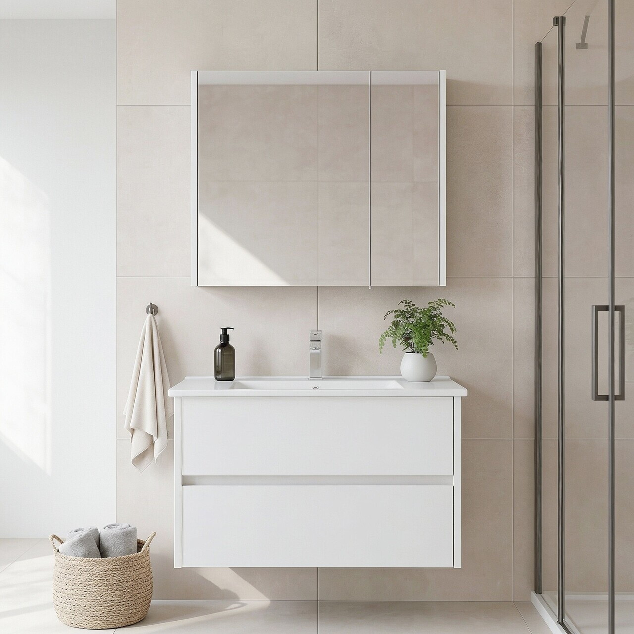 Set Dulap de Baie cu Chiuvetă și Oglindă (2 Piese), Hanah Home, Arno 85, Alb