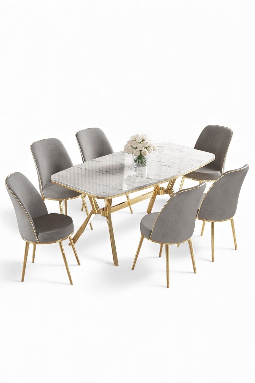 Set masa si scaune (7 Pieces), Hanah Home, Cu tine, Marmură albă / Auriu / Gri - view 2