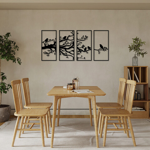 Decoratiune de perete, tree branch and birds, metal, 34 x 70 cm, 4 piese, negru