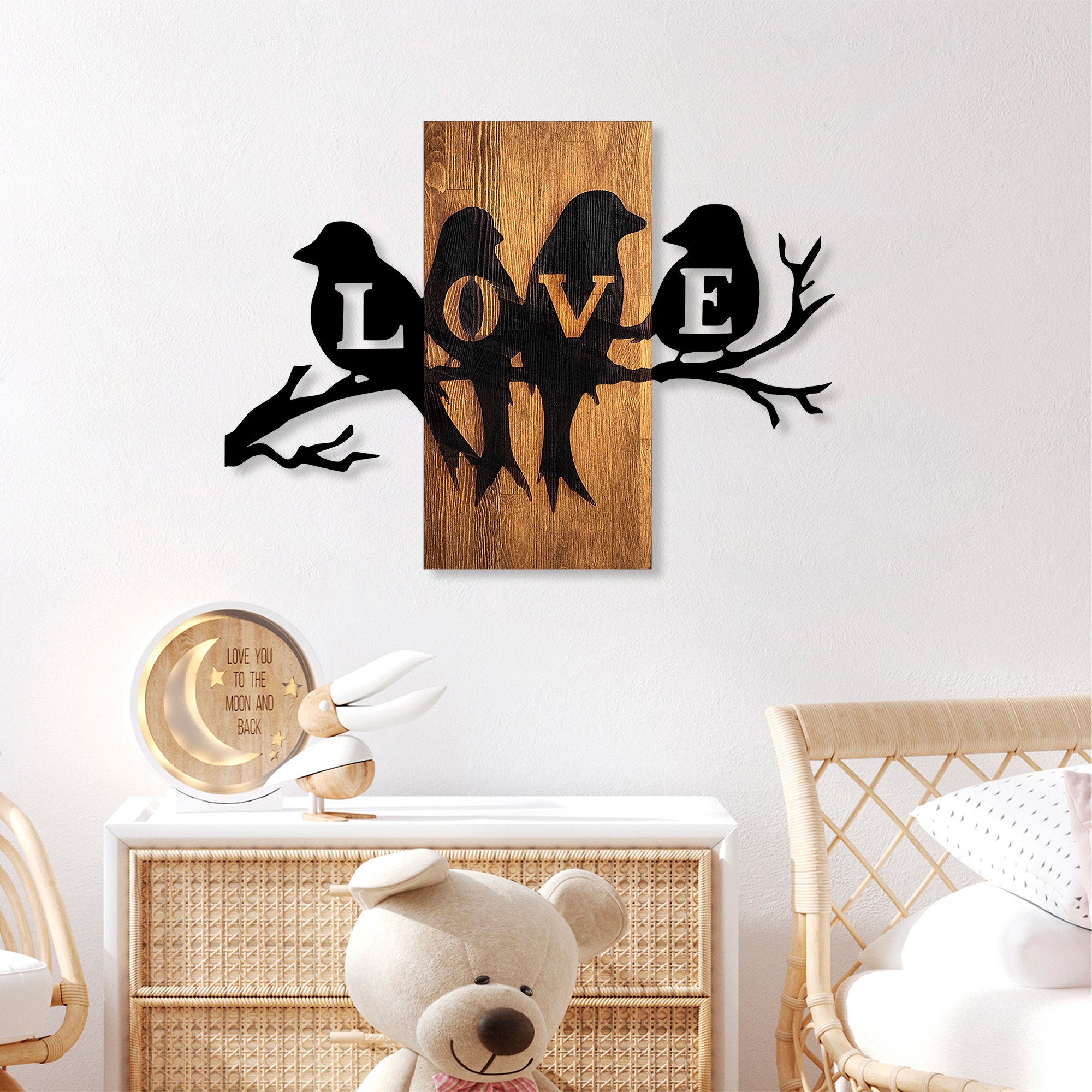 Decoratiune de perete, Love Birds, Dimensiuni: 57 x 75 cm, Nuc / Negru