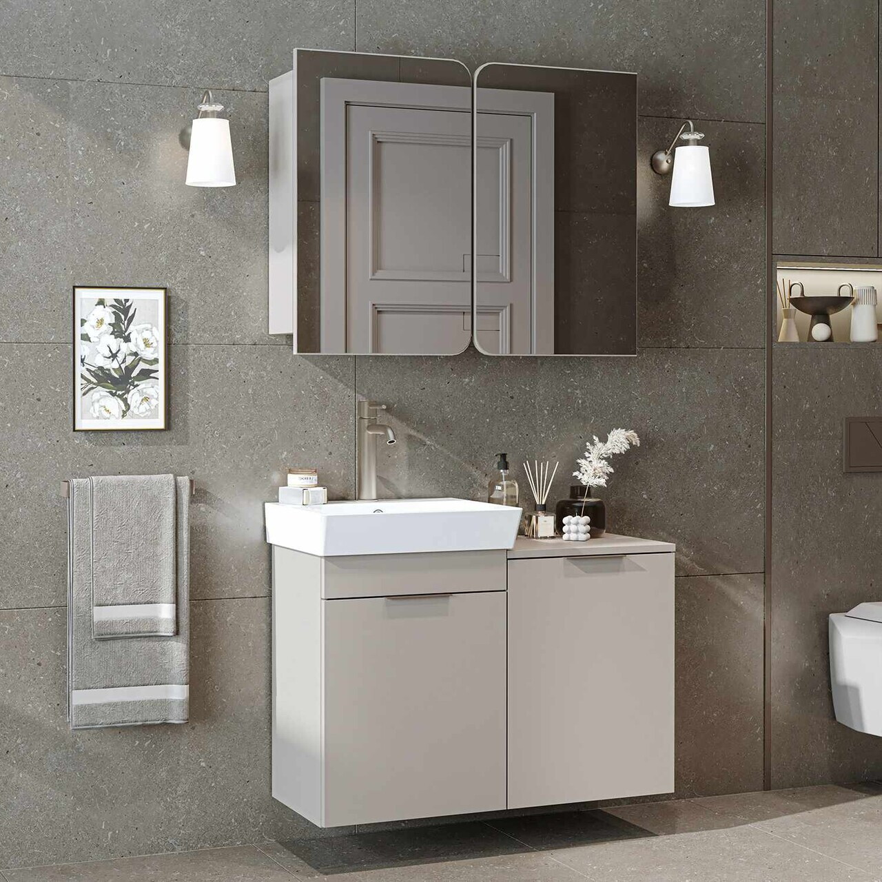 Set Dulap de Baie cu Chiuvetă și Oglindă (2 Piese), Hanah Home, Dubai Sepetli, PAL, Gresie — imaginea 2