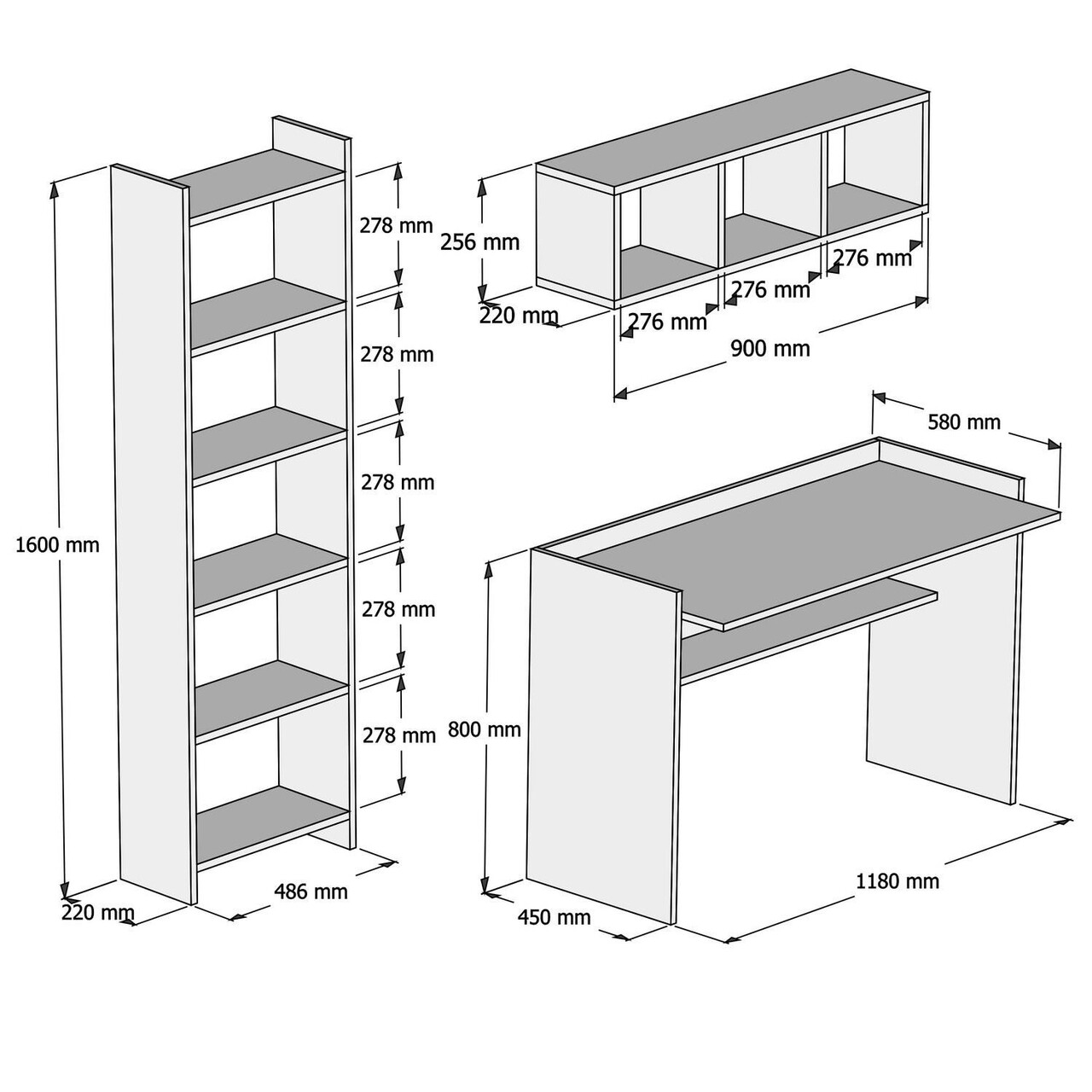 Birou Cu Biblioteca Si Raft De Perete  Hera, Almaren, 118x58x80 Cm, PAL, Alb