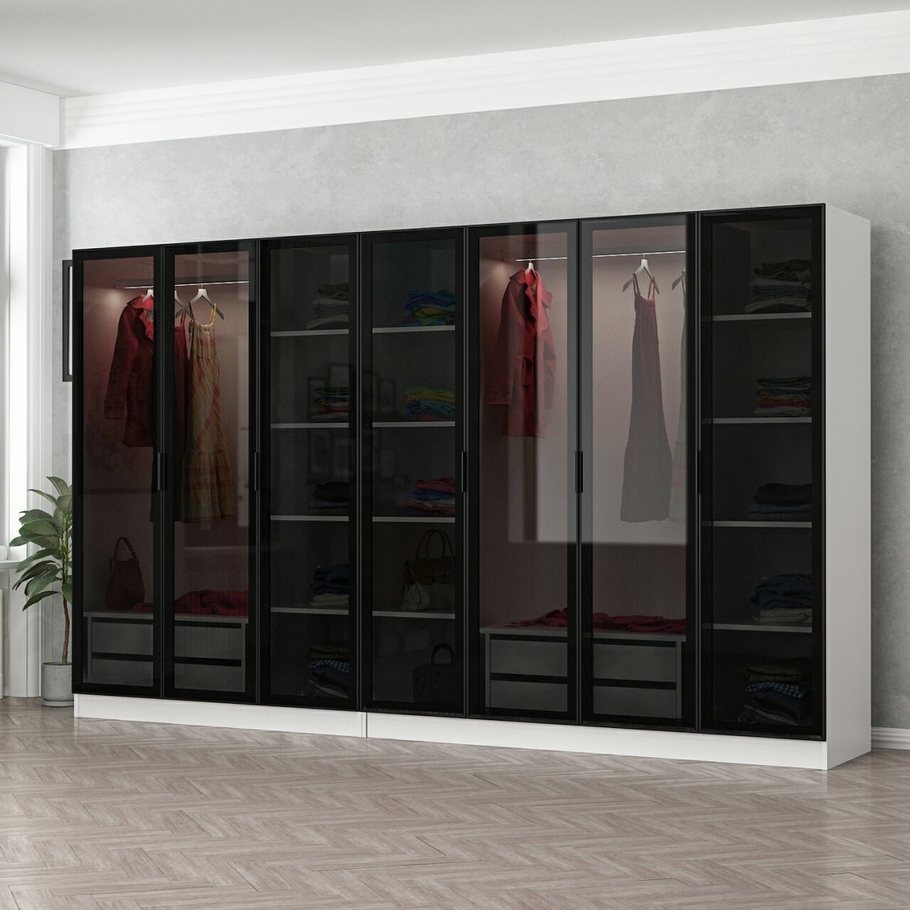 Dulap pentru haine, Minerva, Kale, 315x210x52 cm, PAL, Alb/Negru - 1 | YEO