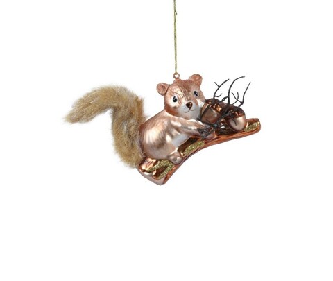 Glob squirrel on acorn branch, decoris, 5x11x9 cm, sticla, maro/auriu