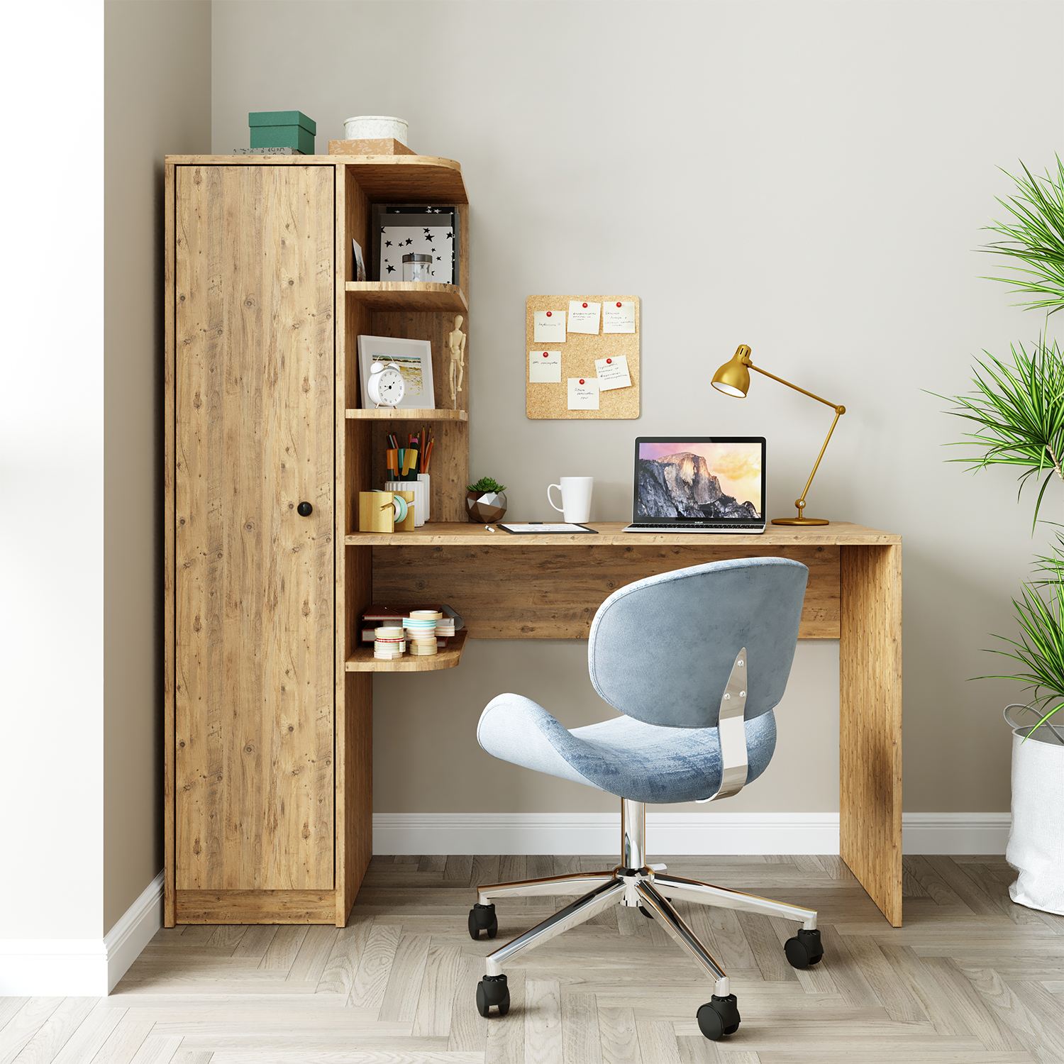 Set birou si biblioteca, Hanah Home, 2078, 143.2x143.2x50 cm, PAL MELAMINAT, Maro
