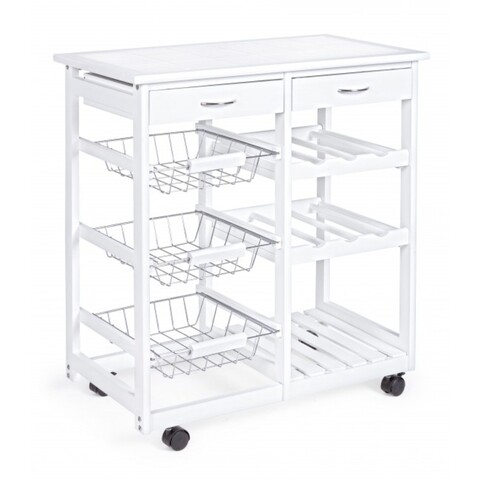 Carucior cu 3 cosuri si 3 rafturi, duo, bizzotto, 67x37x75 cm, lemn de pin/ceramica, alb
