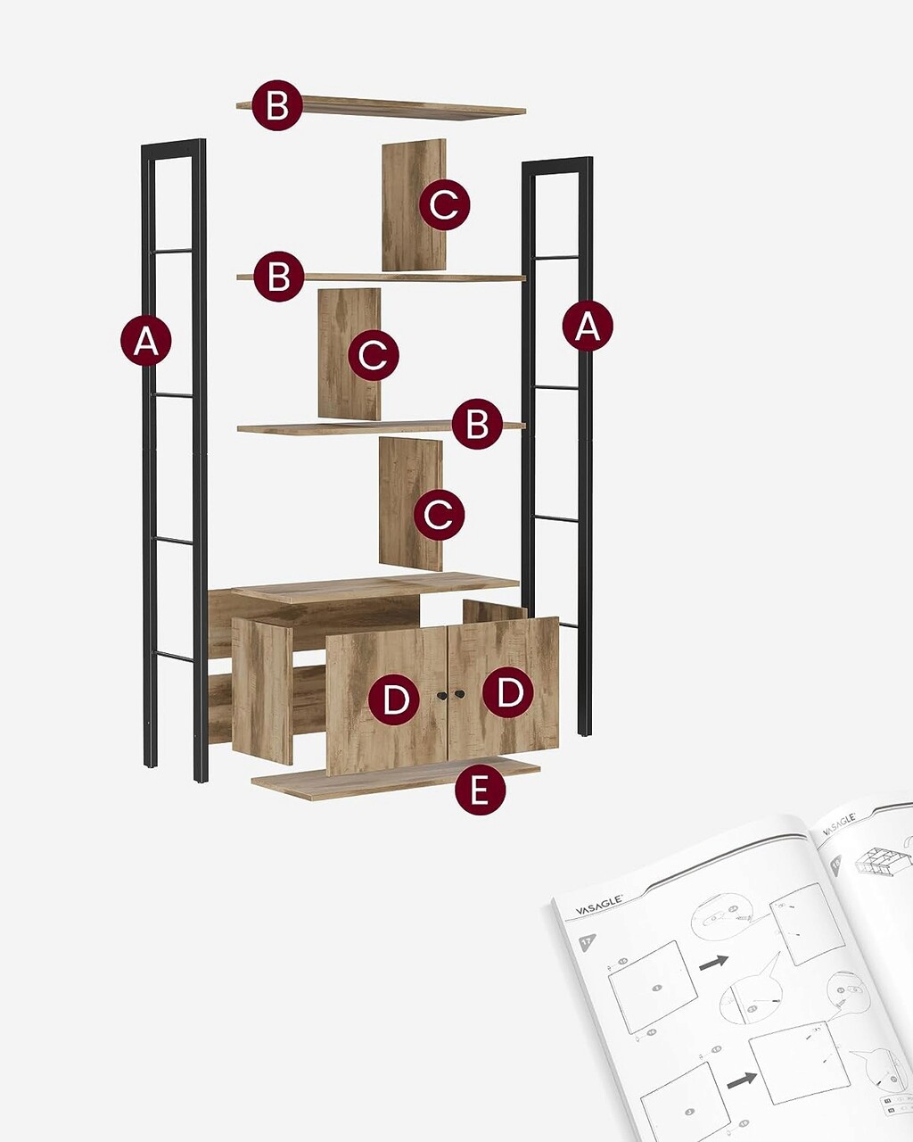 Biblioteca cu rafturi si 2 usi Vasagle, 74 x 30 x 154.5 cm, PAL/otel, maro/negru