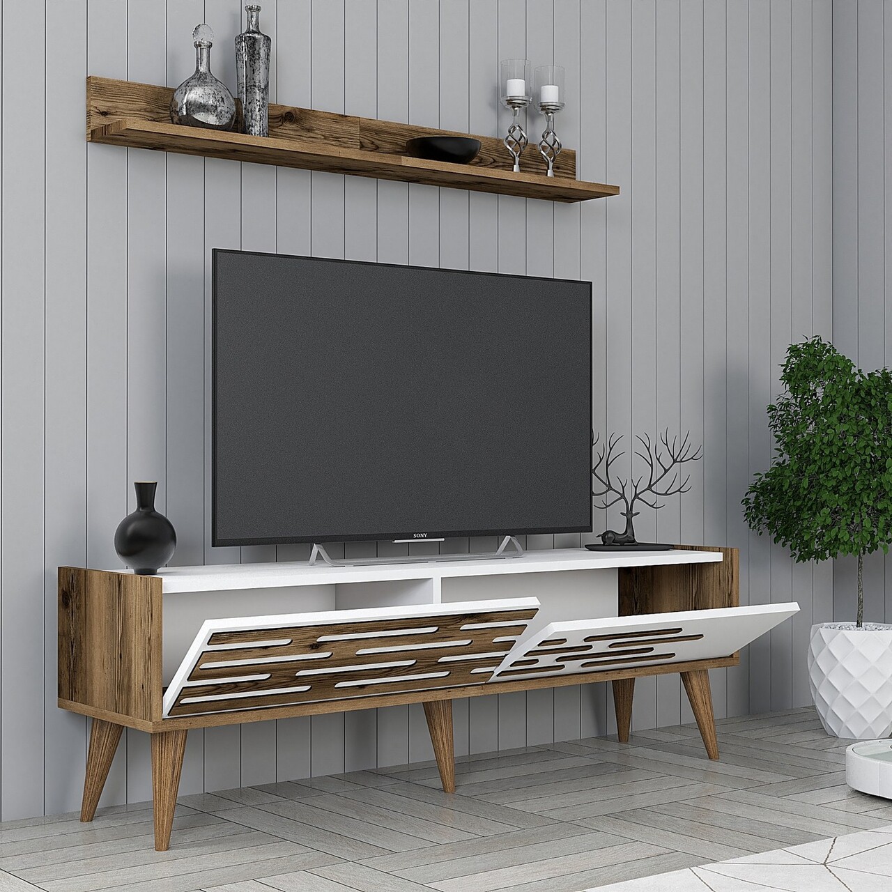 Set mobilier living, Hanah Home, Valensiya 140, Nuc/Alb - imagine 2