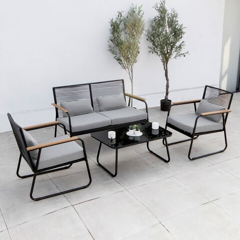Set mobilier gradina/terasa, 2 fotolii + canapea + masuta, otel, negru/gri CANAPEA