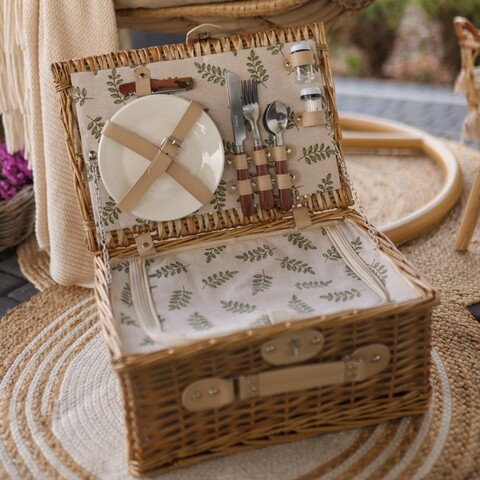 Cos de picnic 2 persoane Lorenzo, Homla, 38x26x18 cm, rachita/inox, natur/verde