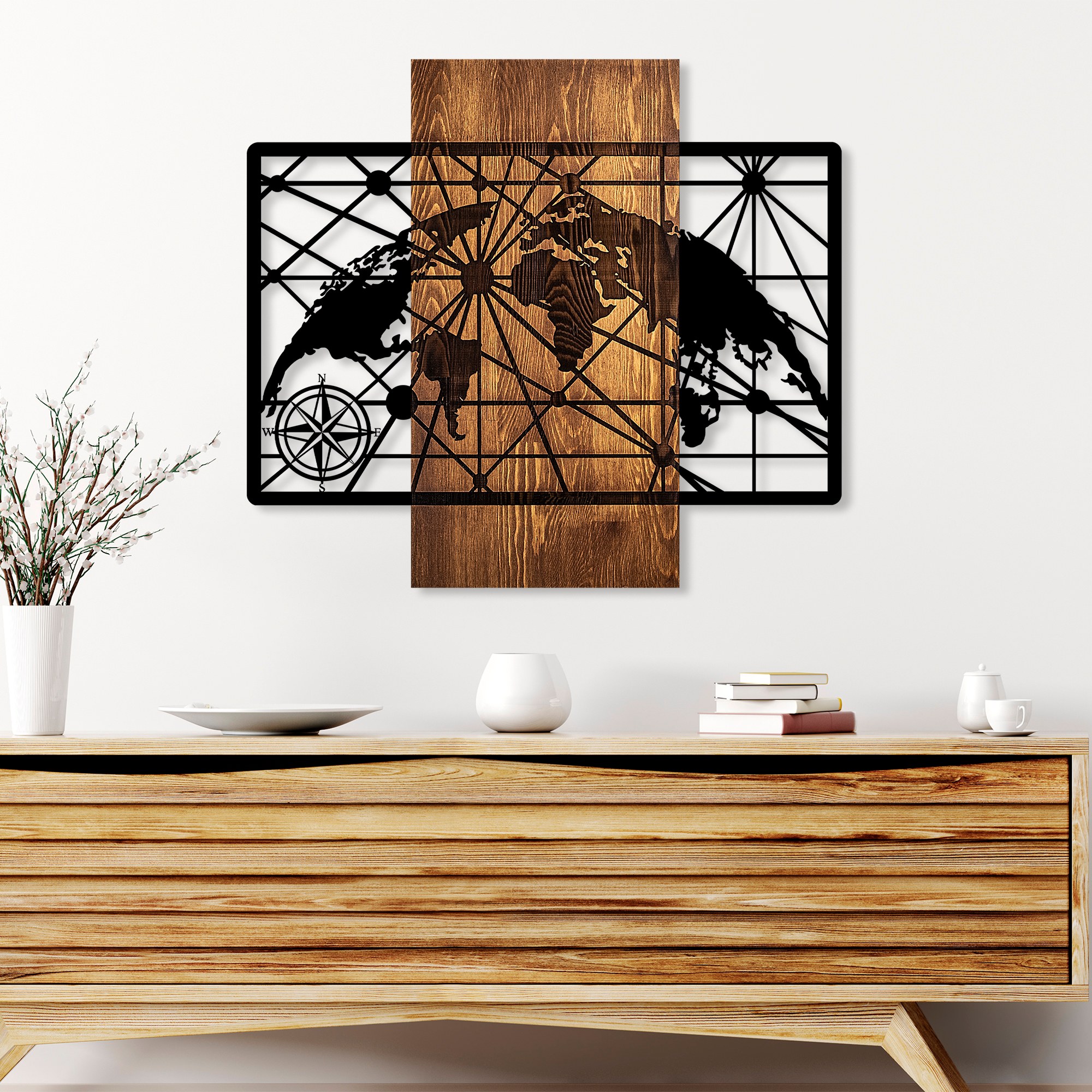 Decoratiune de perete, World Map 5-M, Dimensiuni: 57 x 64 cm, Nuc / Negru