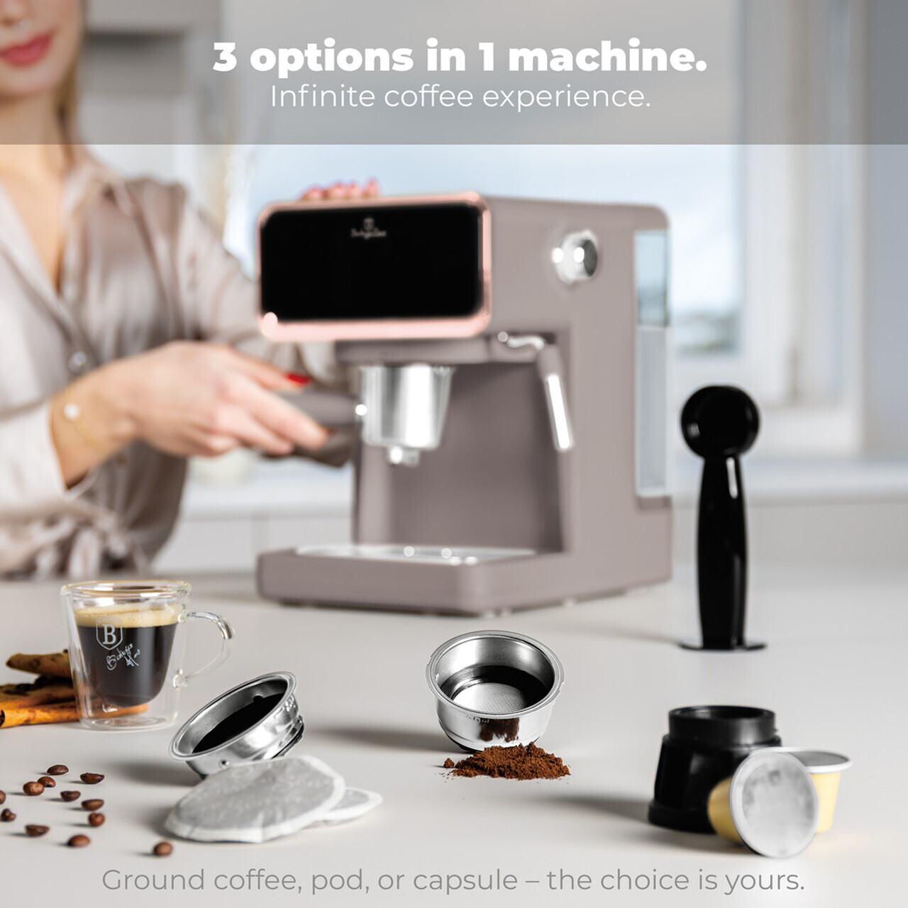 Espressor digital 3 in 1 Berlinger Haus, Taupe, 950W, 21x25.9x28 cm, inox, taupe mat - view 10