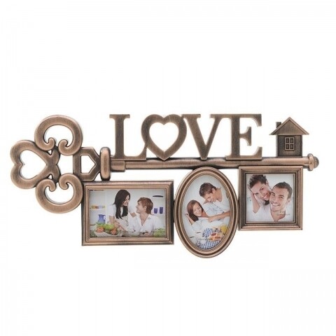 Rama foto Love Key, InArt, 3 fotografii, 27 x 58 x 2 cm, plastic, aramiu