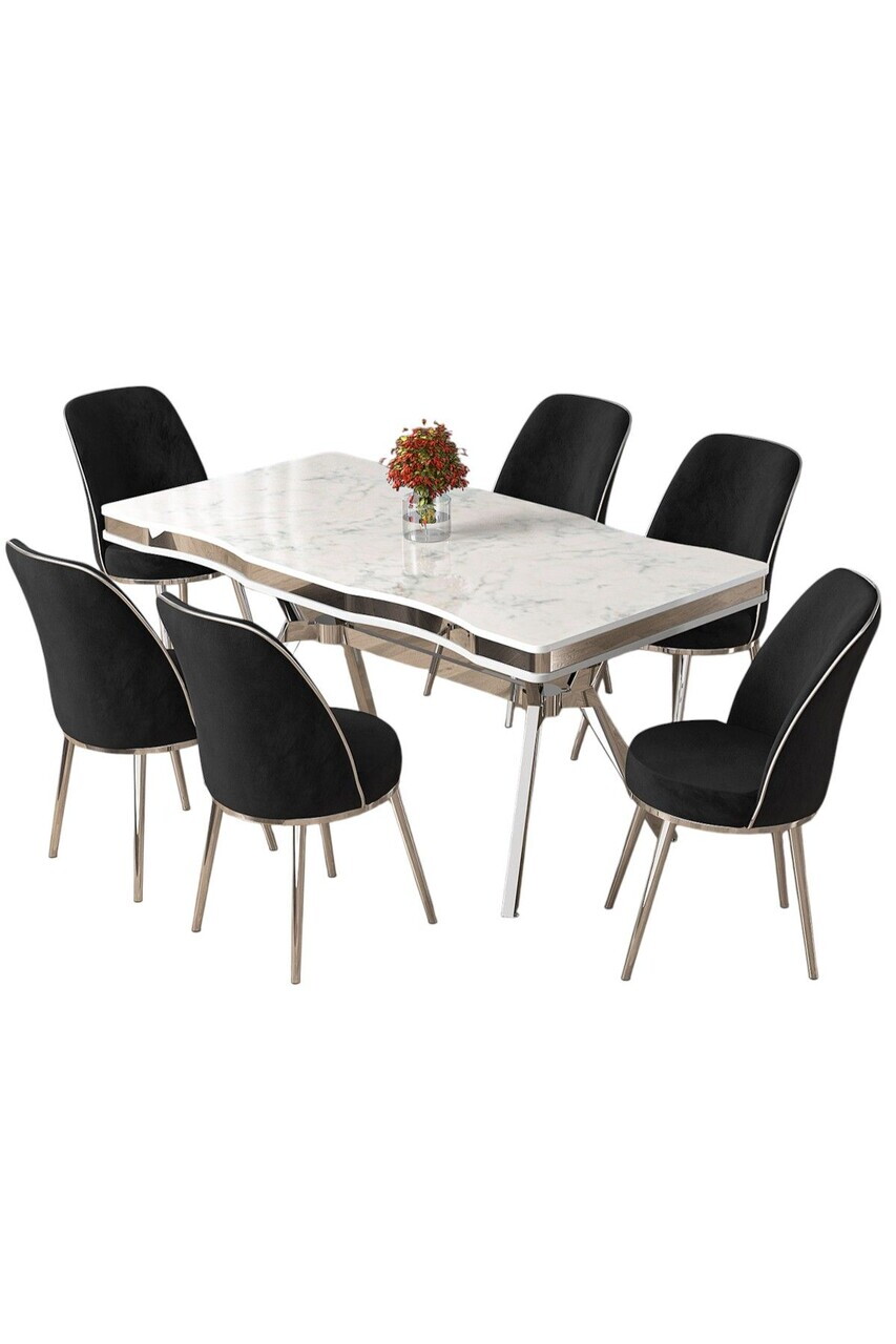 Set masa si scaune (7 piese), Hanah Home, Prah, Model de marmură albă / Crom / Negru — imaginea 2