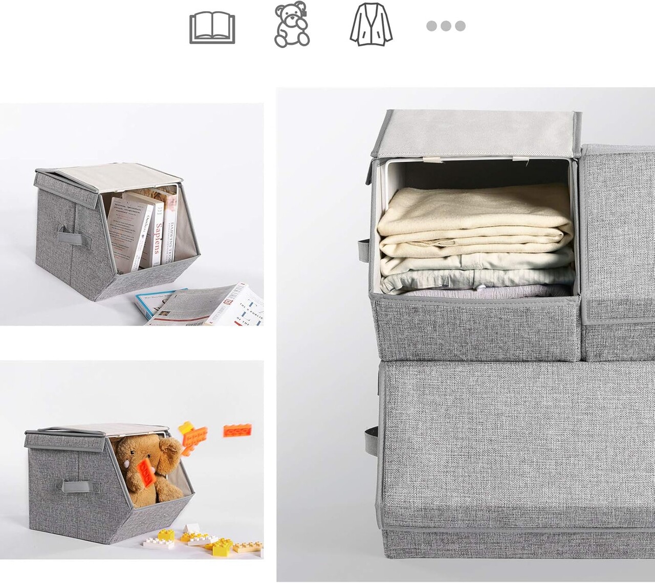 Set 3 cutii depozitare Songmics, 25x35x25 cm/50x35x25 cm, textil cu aspect de in/fier, stivuibile, max 10 kg,  gri - view 9