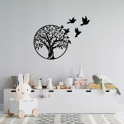 Decoratiune de perete, tree and birds, metal, dimensiune: 61 x 56 cm, negru