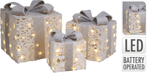 Set 3 decoratiuni luminoase Giftbox, 15cm/20 cm/30 cm, ratan, auriu