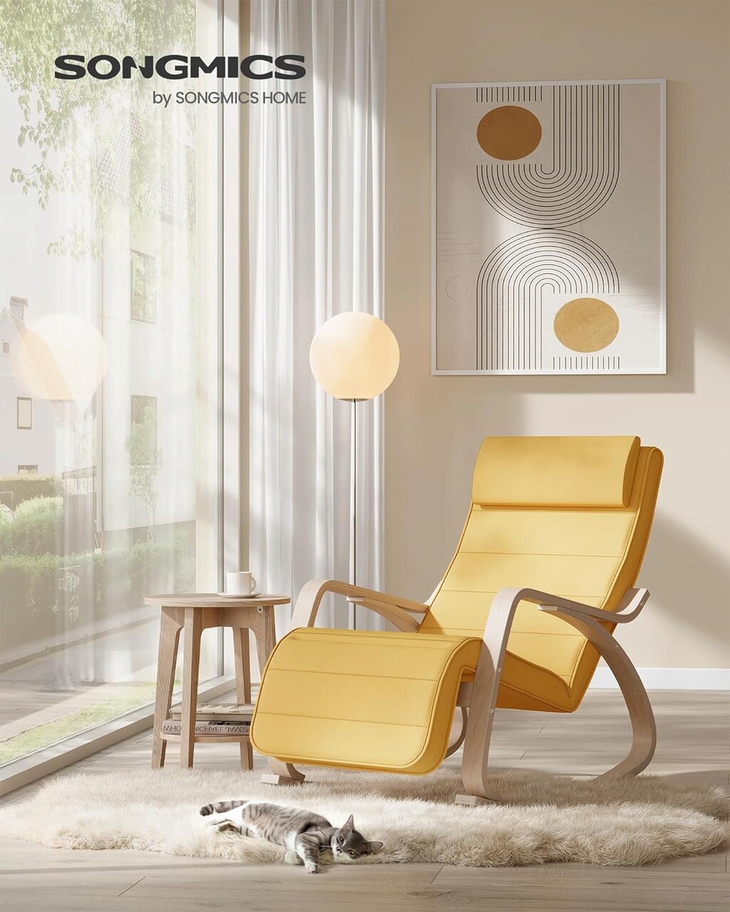 Scaun balansoar reglabil in 5 pozitii, Vasagle, 67x121.5x84 cm, max 150 kg, lemn de mesteacan/policoton, galben pastel/natural - 1 | YEO