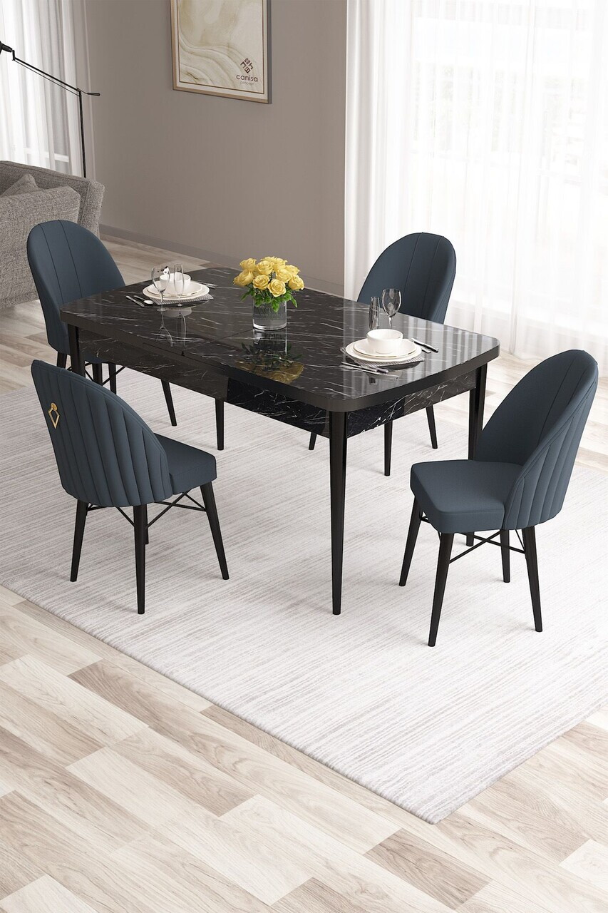 Set masa extensibila si scaune (5 piese), Hanah Home, Roz, Model de marmură neagră / Antracit