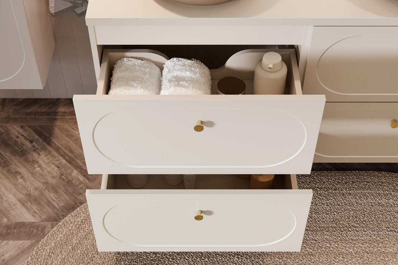 Set mobilier baie Donna Sand 120 cm, dulap inalt si masca dubla lavoar, Comad, MDF/PAL, bej nisip