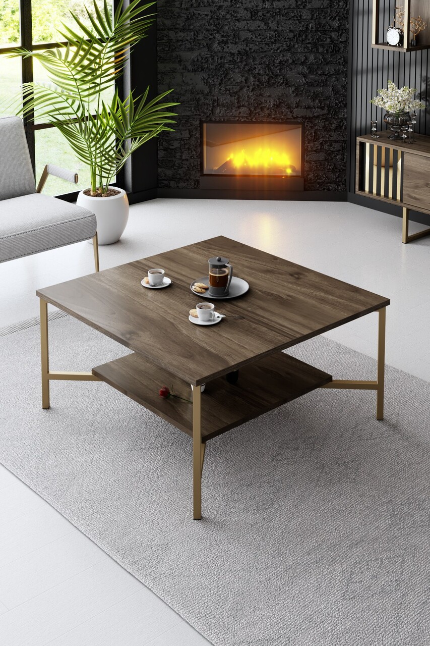 Masuta de cafea, Bexley, Gold Line, 80x80x40 cm, PAL, Nuc / Negru - 1 | YEO