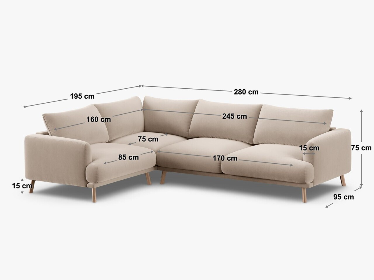 Coltar stanga 4 locuri, Naomi, Micadoni Home, 280x195x75 cm, catifea, gri — imaginea 2