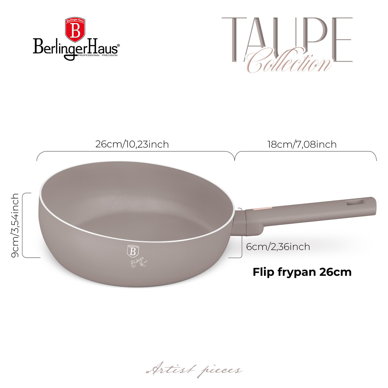Tigaie flip Berlinger Haus, Taupe, 26 cm, aluminiu, taupe mat - imagine 6