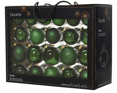 Cutie cu 42 globuri asortate baubles, decoris, Ø7 cm/Ø6 cm/Ø5 cm, sticla, verde