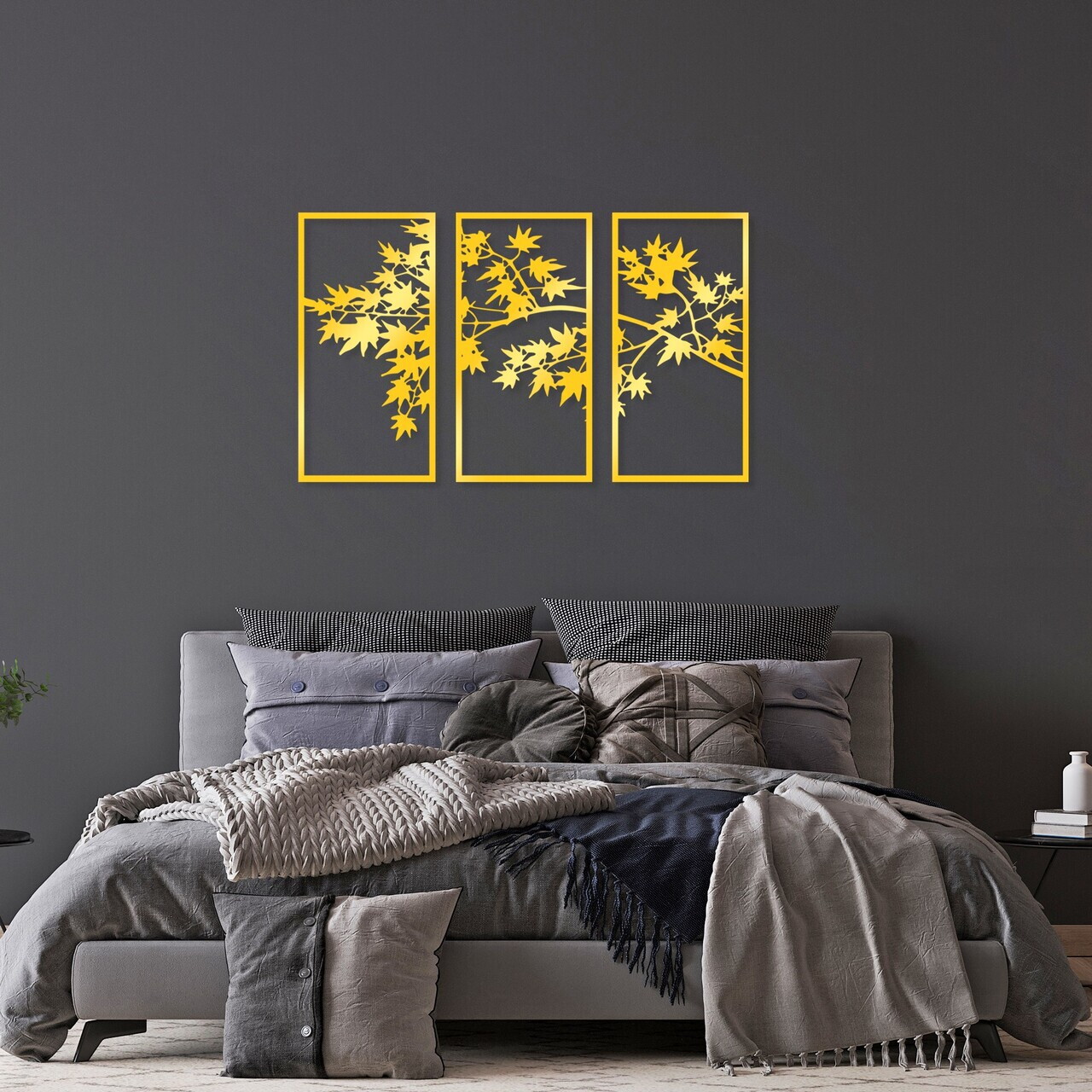 Decoratiune de perete, Golden Triple Tree 3, 34 x 67 cm, 3 piese, Auriu — imaginea 3